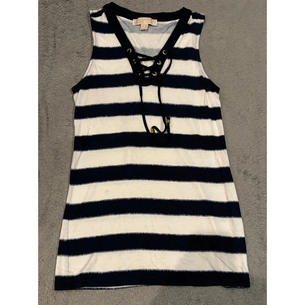 Michael Kors Womens Navy White Striped Lace Up Grommet Sleeveless Tank Top S